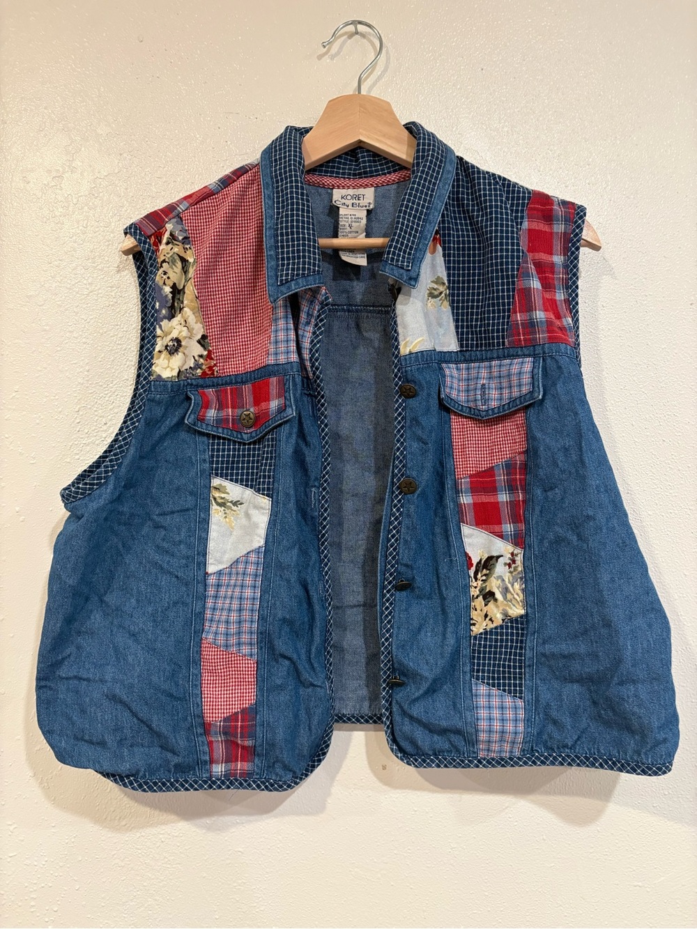 Koret Patchwork Denim Vest in Blue, Red & Floral